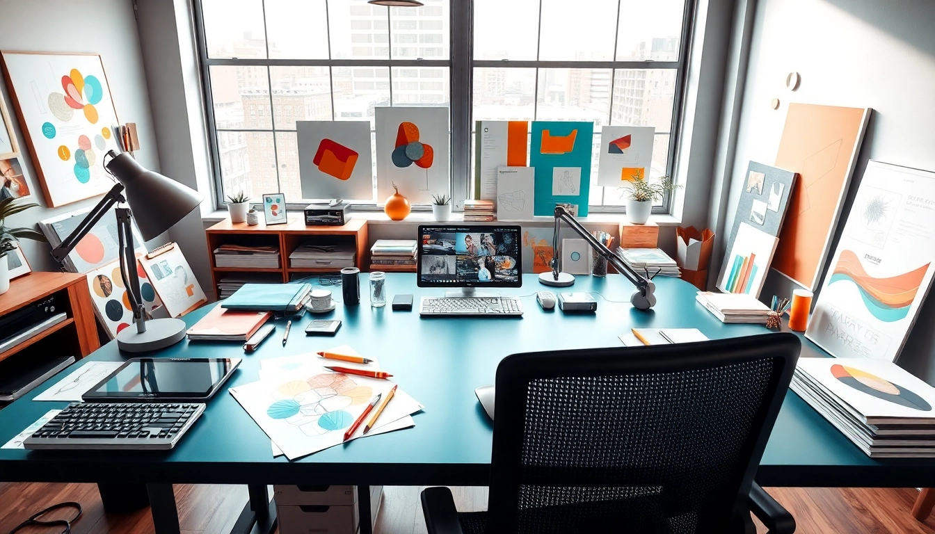 View of a creative design workspace at https://bestdesignersintheworld.com/, showcasing tools and art.