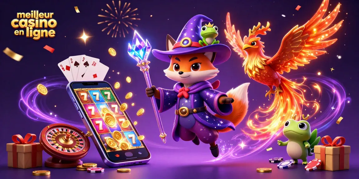 Illustration animée du meilleur casino en ligne avec un renard sorcier, un phénix et une grenouille enchantée.
