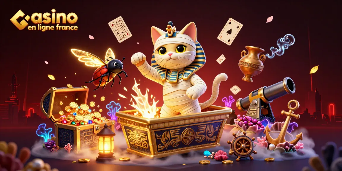 Illustration de casino en ligne France avec une momie égyptienne et des cartes flottantes.