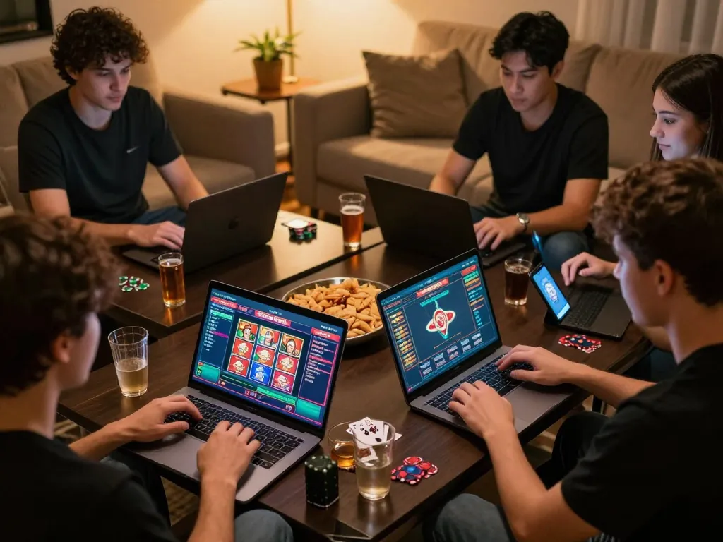 Engaged friends enjoying online casinos Canada from home, creating a friendly gaming atmosphere.