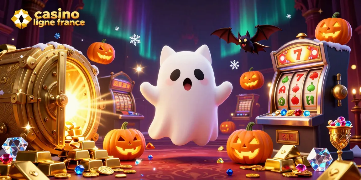 Illustration de casino en ligne France avec un chat fantôme et des symboles de jeux de hasard