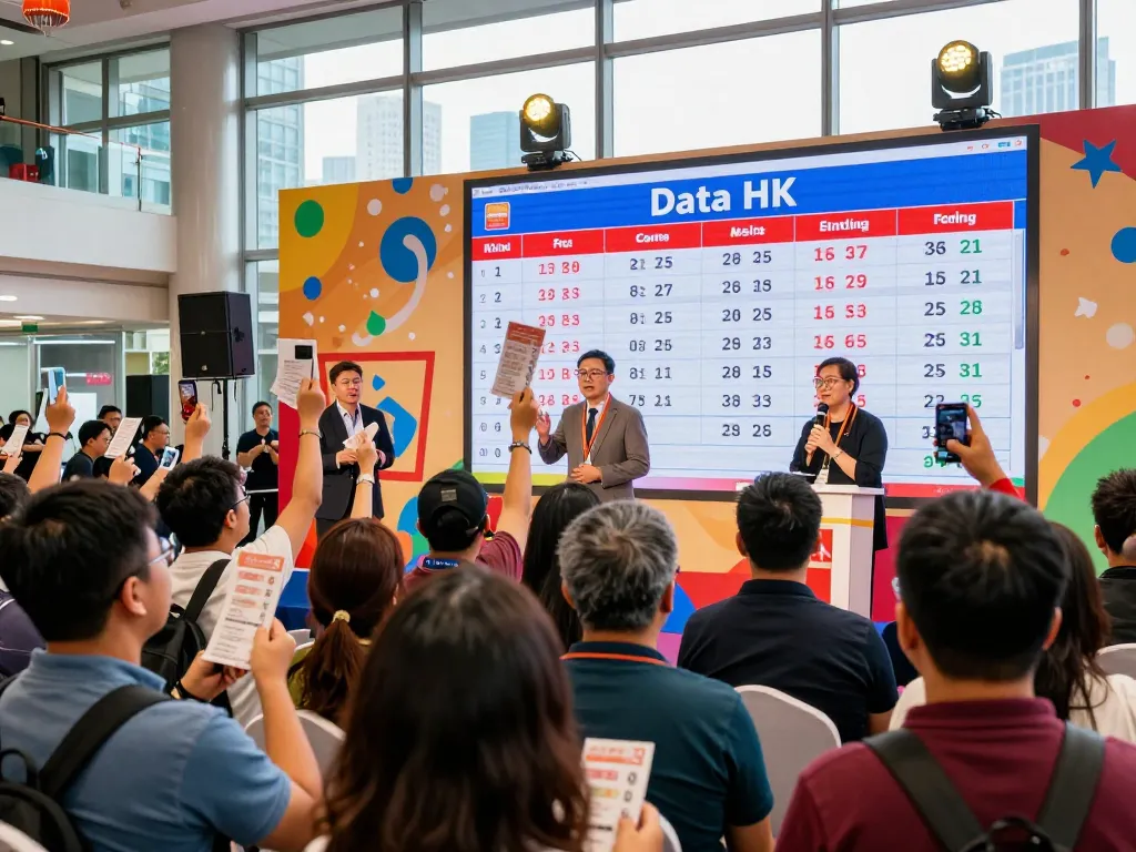 Excited crowd gathered at a lottery draw viewing the latest Data HK results displayed on a large screen.