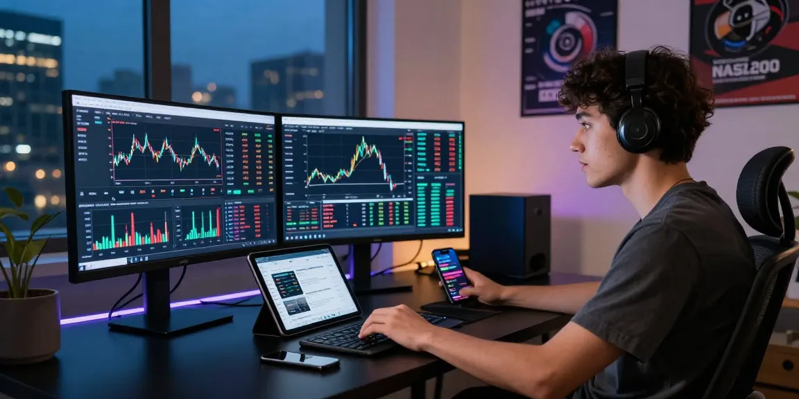 Investor using NAGA2000 platform in modern home office with crypto charts and tools.