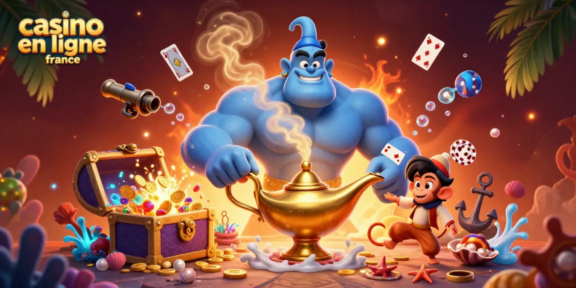 Image colorée du jeu casino en ligne France avec un génie coloré, une lampe magique et des jetons de poker.