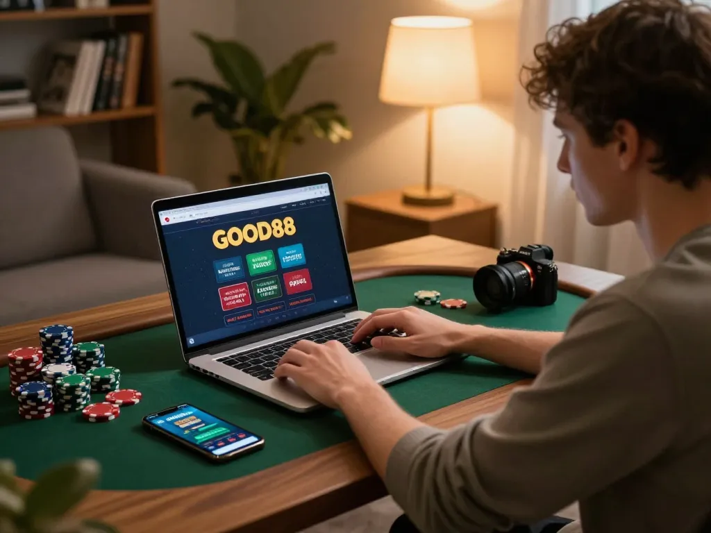 Engaging in strategic gameplay on GOOD88's casino platform in a cozy home setting with poker chips scattered.