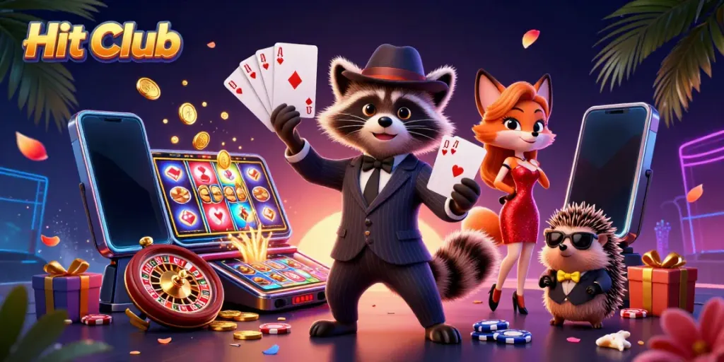 Hit Club gamily scene showcasing a raccoon, fox, and hedgehog enjoying casino excitement.