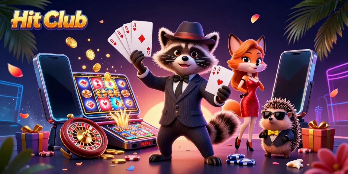 Hit Club gamily scene showcasing a raccoon, fox, and hedgehog enjoying casino excitement.