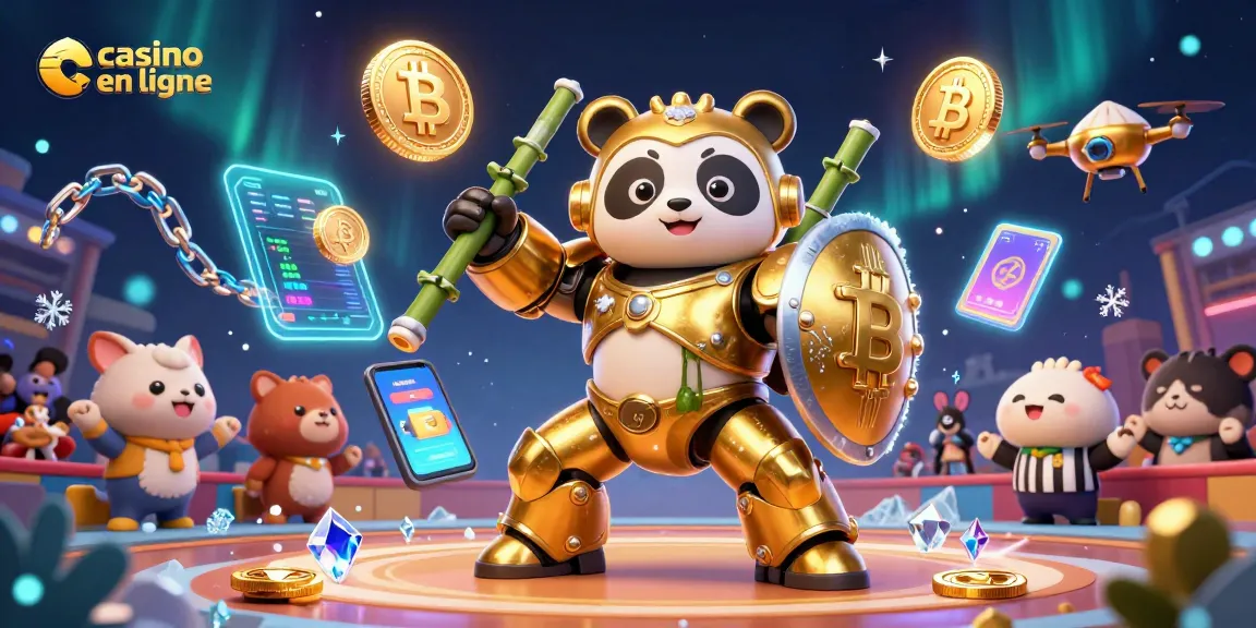 Jouez au casino en ligne avec enthousiasme dans une illustration 3D sur le thème du panda en mech et des cryptomonnaies.