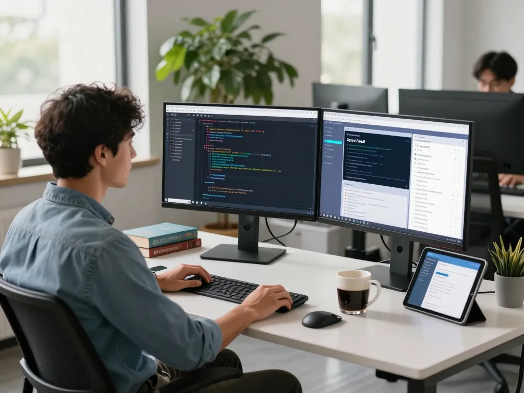 Developer using clawbot on dual monitors in a modern office, showcasing productivity and automation.