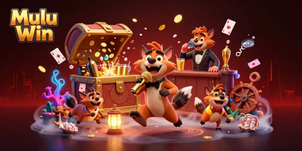 Mulu Win scene with hyenas running a comedy casino club amidst treasure and glowing coral.
