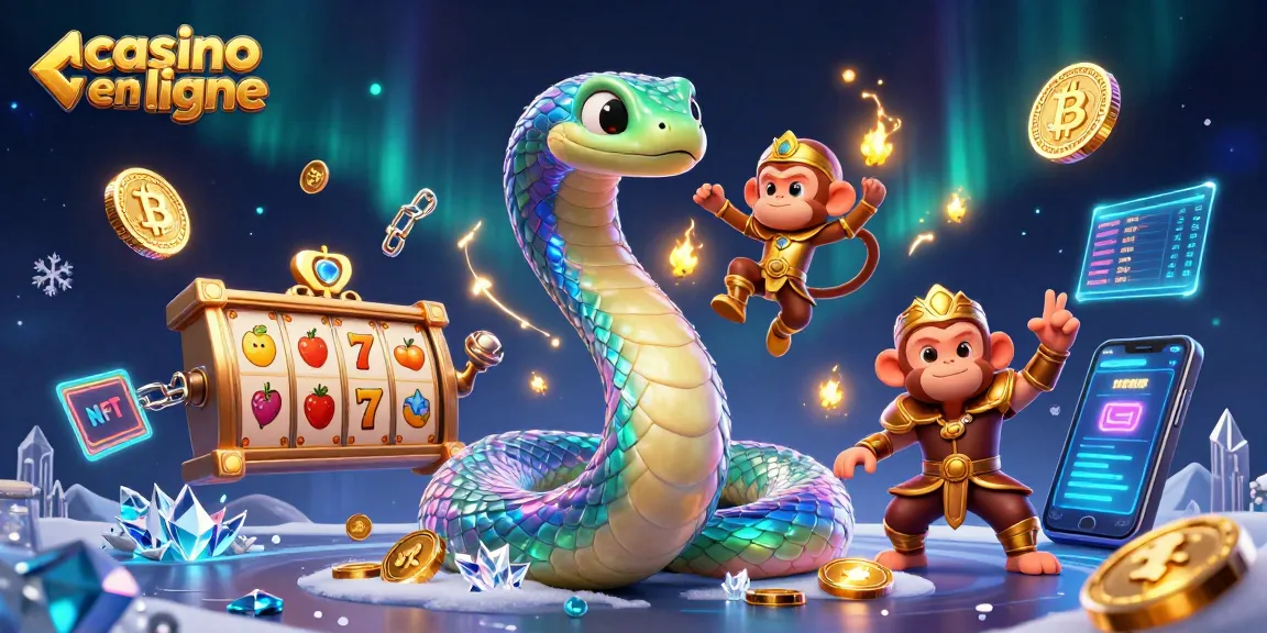 Découvrez le casino en ligne avec une scène dynamique incluant un serpent en arc-en-ciel et des éléments de machines à sous.