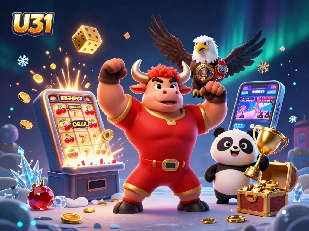 Experience U31 with a dynamic scene of a bull mascot, eagle, and panda celebrating casino wins.