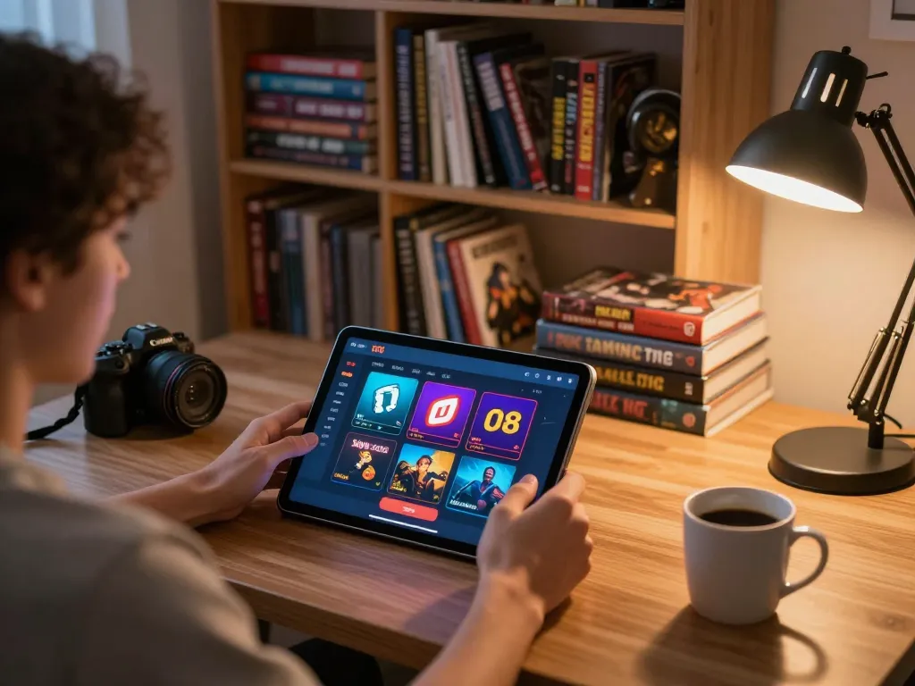 Engaging with O8 casino app on a tablet in a cozy gaming setup.