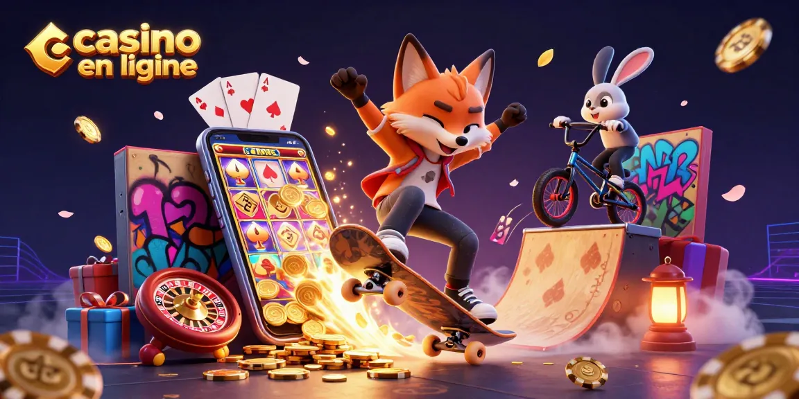 Le casino en ligne : un renard skateboarder exécutant un kickflip sur des jetons en or, avec un lapin BMX à ses côtés.