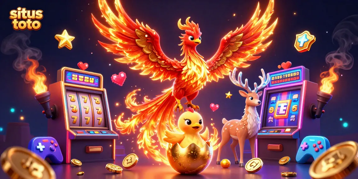 Savor exciting moments with situs toto as colorful slot machines, golden phoenix, and a majestic stag create a vibrant casino scene.