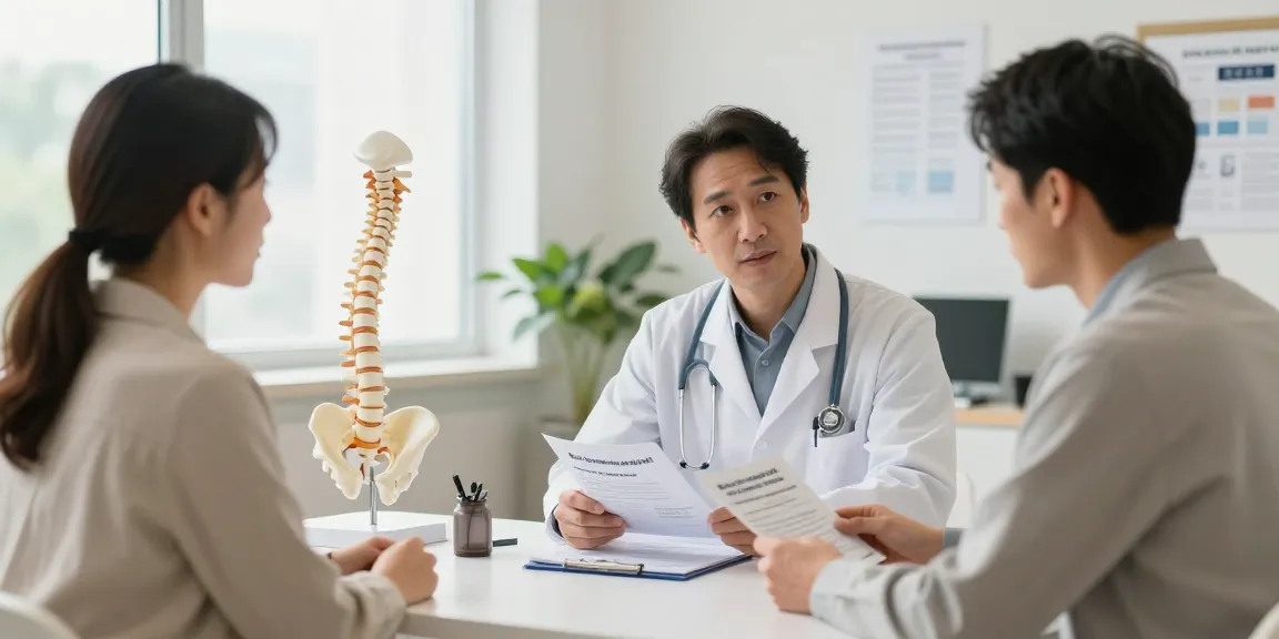 Patient reviewing Bel kayması ameliyatı options with a doctor in a modern clinic.