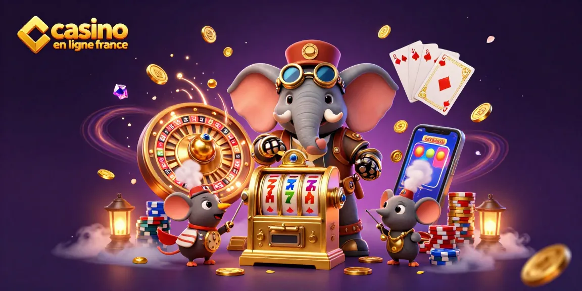 Illustration dynamique de casino en ligne en France avec des éléphants steampunk et des machines à sous dorées.