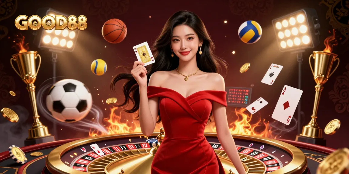 Experience the thrill of GOOD88 with a stunning young woman presenting a golden playing card next to a roulette wheel.