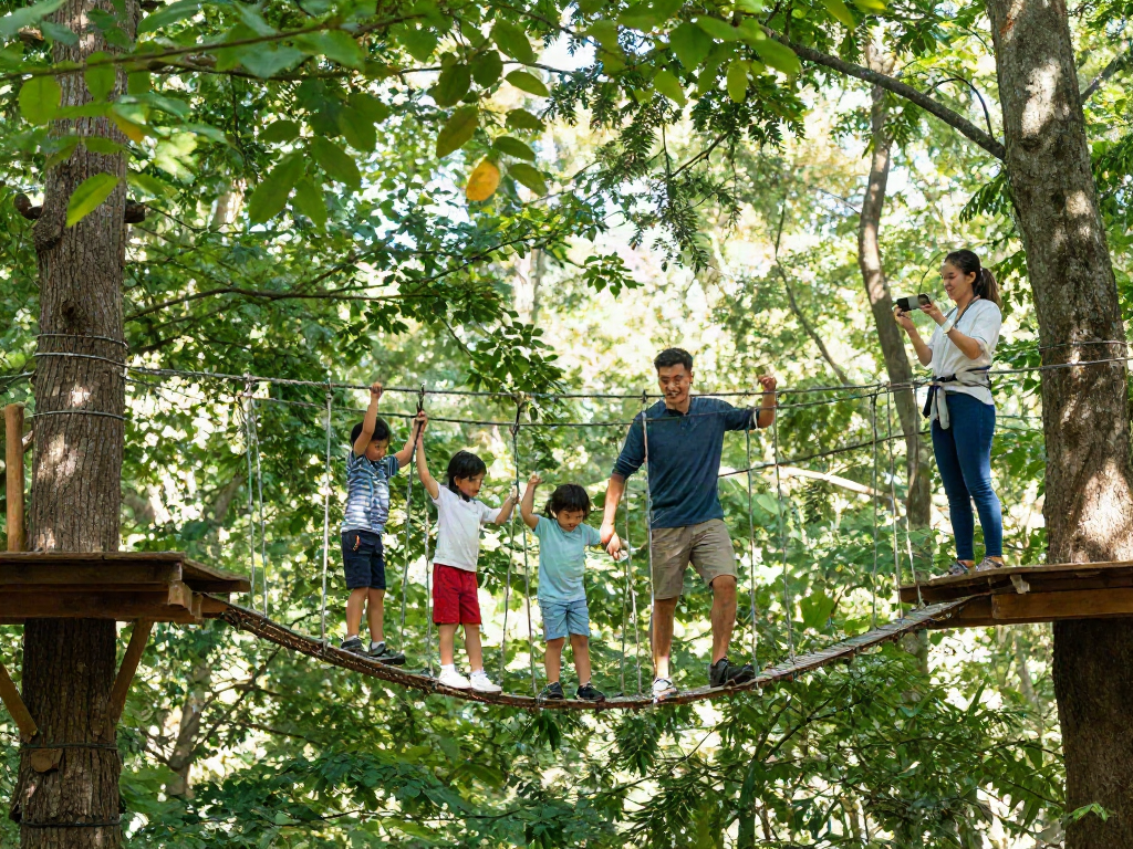 A family crossing a rope bridge in a lush forest, showcasing adventure and family bonding.