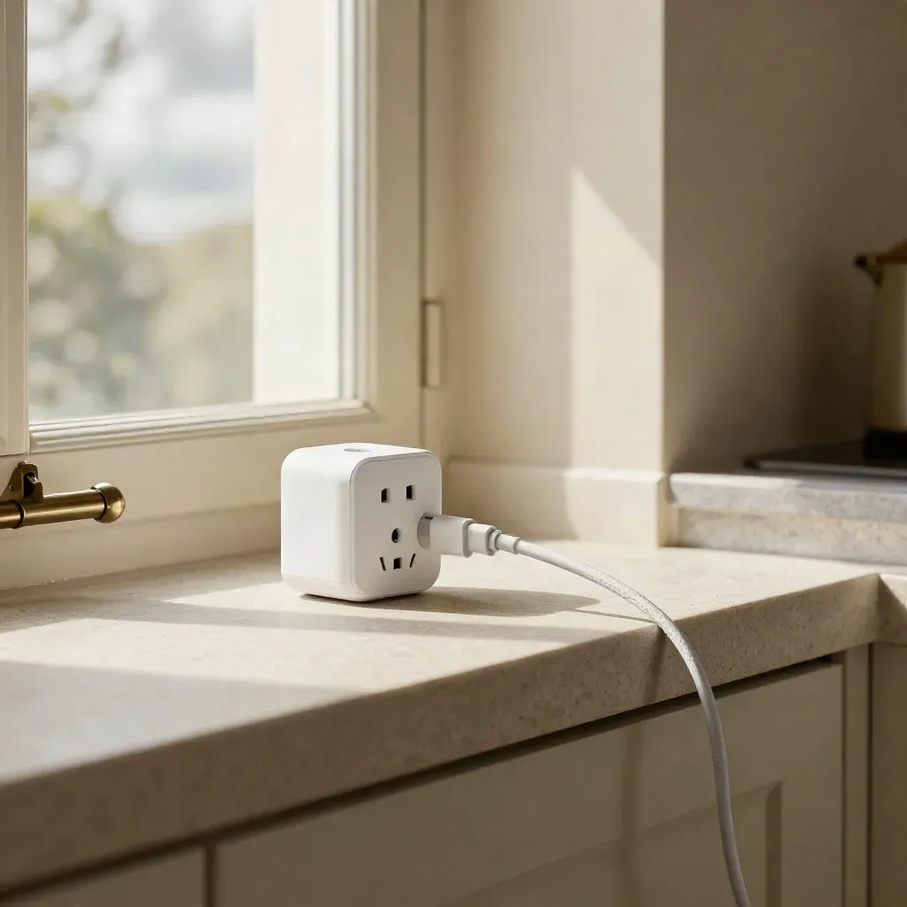 Smart plug and charging cable on a kitchen sill under shifting curtain shadows.