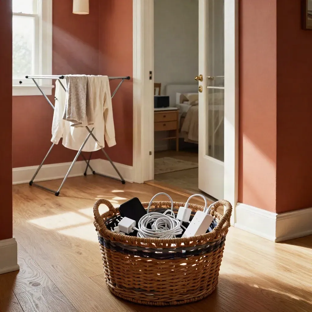 Hallway landing with chargers, a drying rack and open door in warm late-afternoon light.
