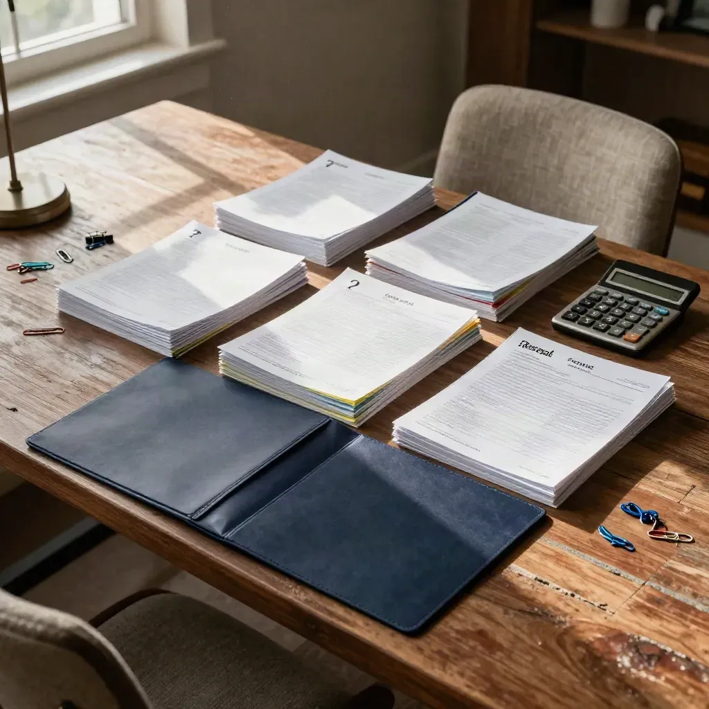 Brick-flat table with sorted utility statements, calculator, folder, clips, and lamp in morning light.