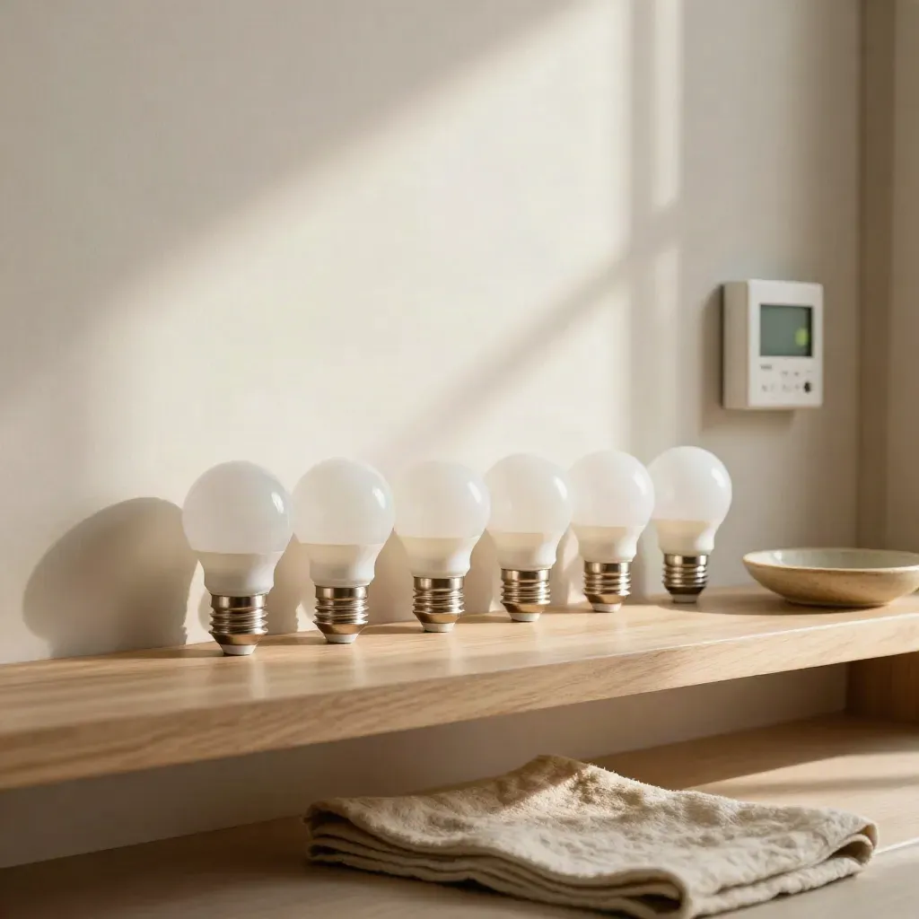 Row of LED bulbs beside a wall thermostat and ceramic dish on a warm shelf in soft daylight.