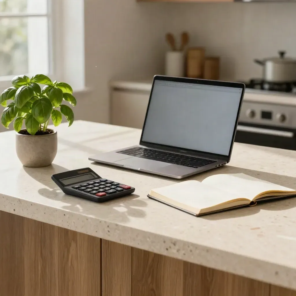 Kitchen island still life with laptop, calculator, notebook, basil plant and coffee ring in sunlit dust.