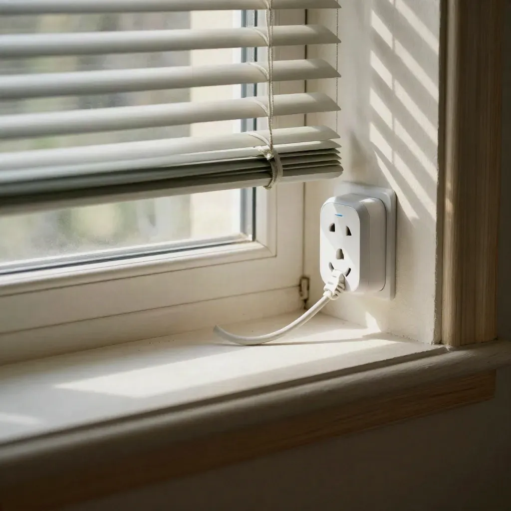 Smart plug and cord by a partly open blind as cloud-shadow shifts across a window sill.