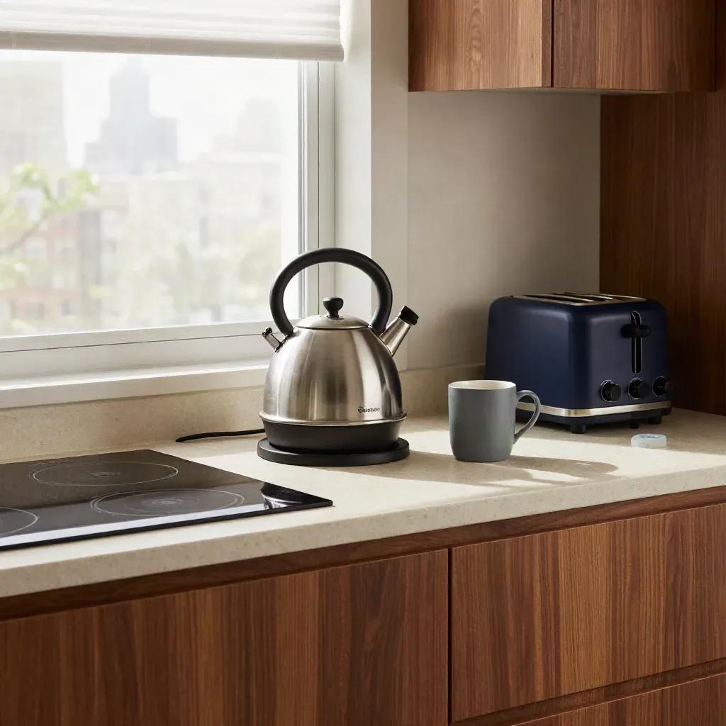 Chicago condo kitchen counter with appliances, blinds, and radiator in soft daylight