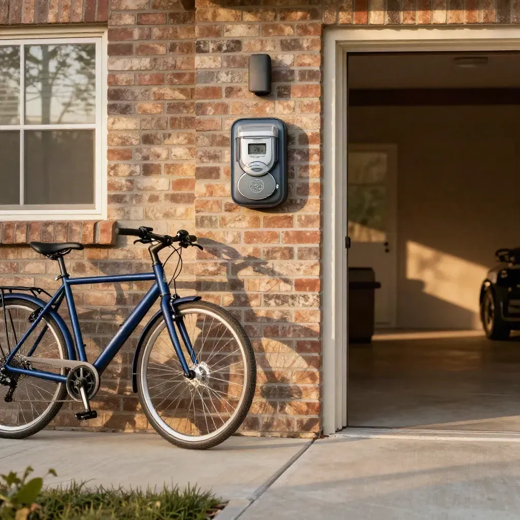 Front stoop with smart meter, blue-accent bike, and warm garage light at dusk.