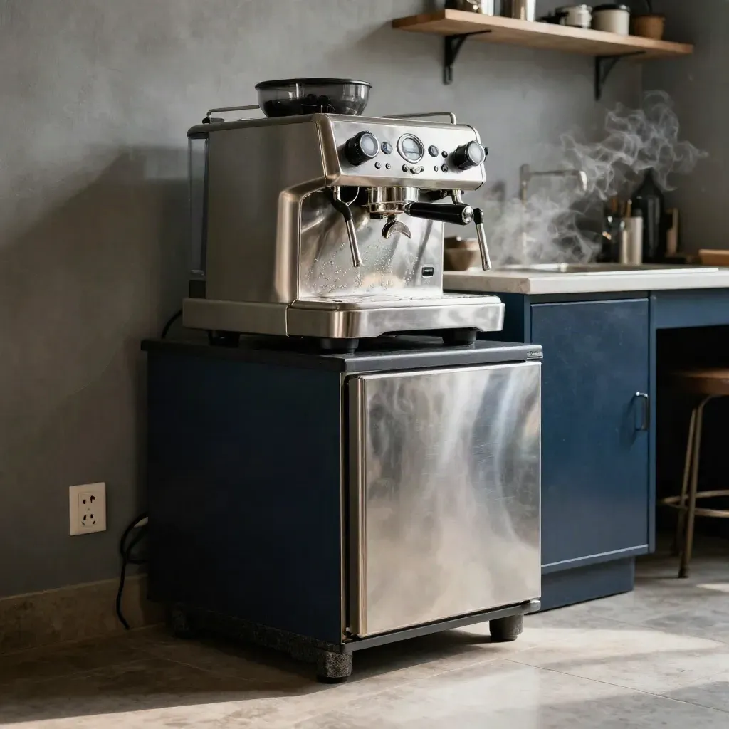 Low-angle café back room with espresso machine, freezer, outlets and steam in dramatic light