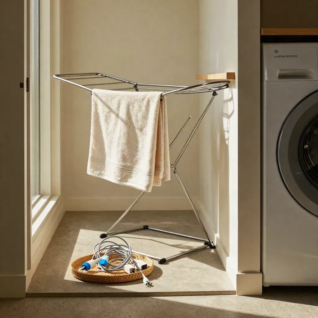 Sunlit laundry nook with drying rack, charger pile, and closed utility closet from the doorway.