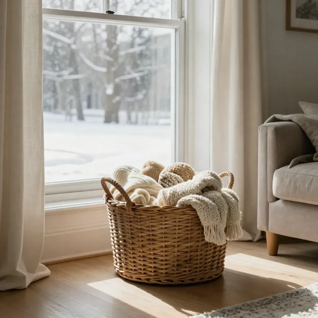 Winter living room with throws, baseboard heat, and sunlit curtains by a window.
