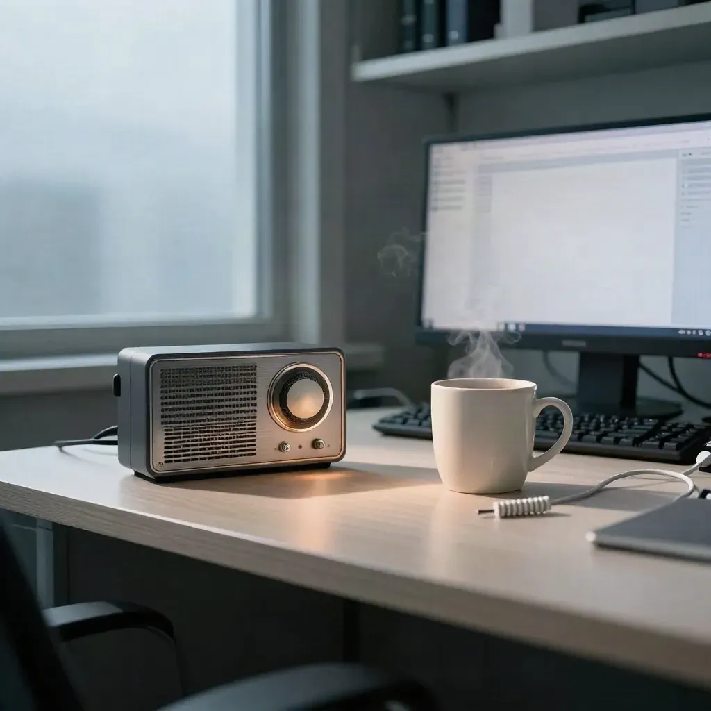 Early newsroom desk with radio, mug, cable, and soft monitor glow at dawn.