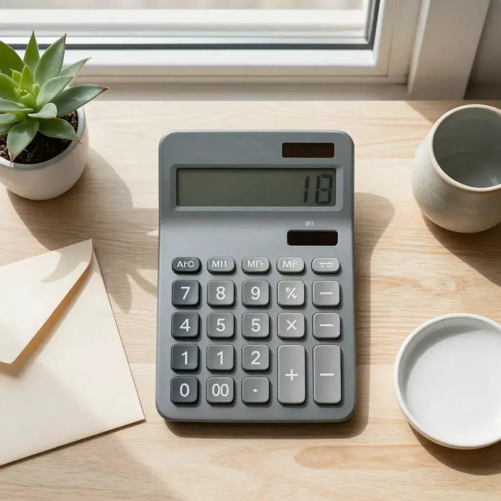 Top-down calculator flatlay with envelope, plant, and dish on pale wood