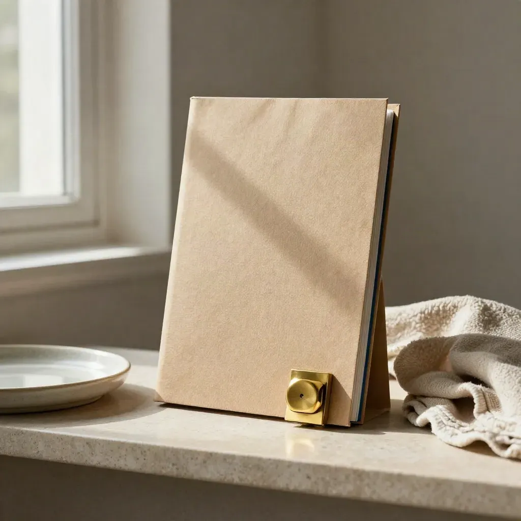 Stone shelf still life with a bound folder, brass paperweight, linen cloth and ceramic tray.