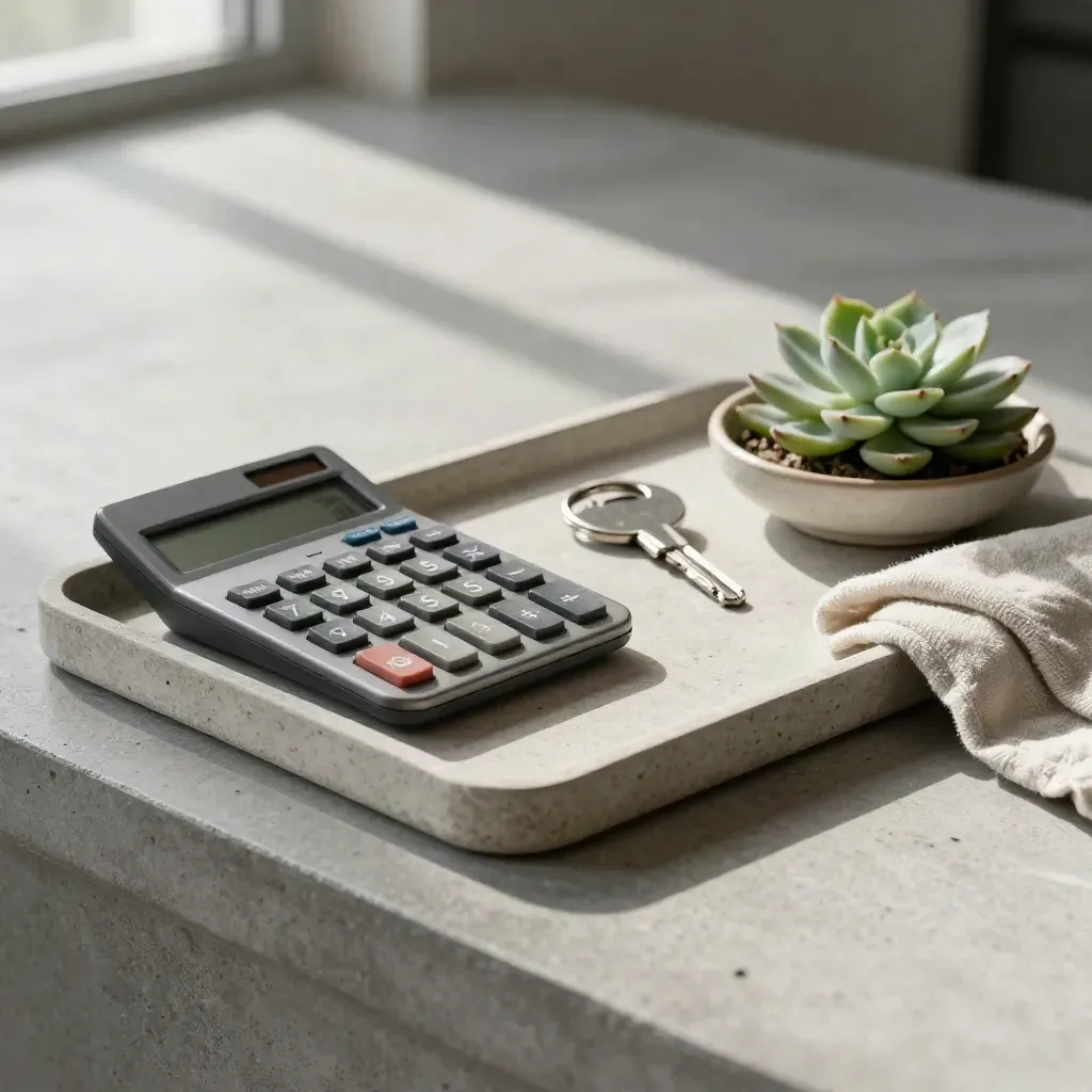 Stone tray with calculator, key ring, succulent on a concrete counter in soft daylight.