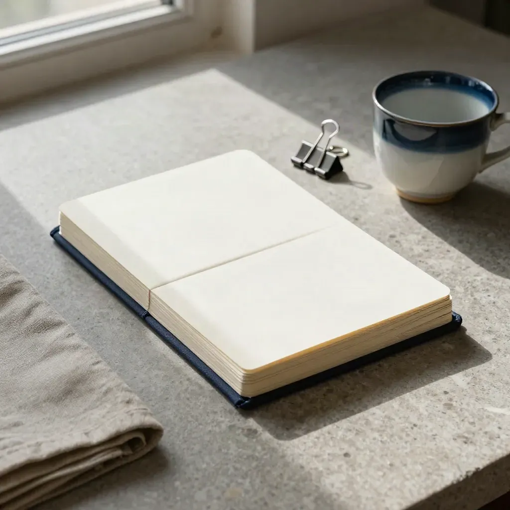 Closed notebook, stacked cards, binder clip, and glazed cup on a stone desk in morning light.