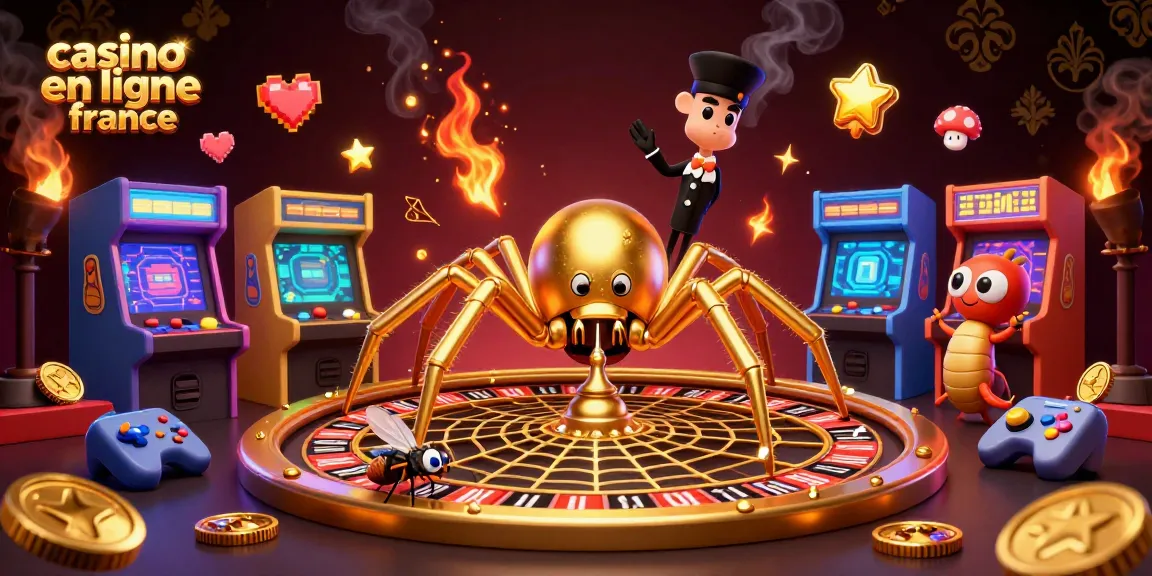Visuel captivant de la scène de casino en ligne France avec une araignée dorée, une mouche et un croupier centipède.