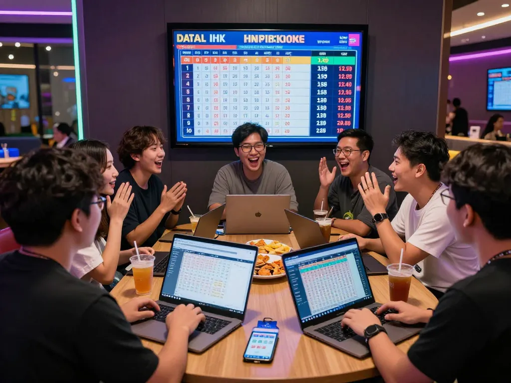 Players excitedly tracking Data HK results in a vibrant gaming lounge during a Togel Hongkong lottery game.