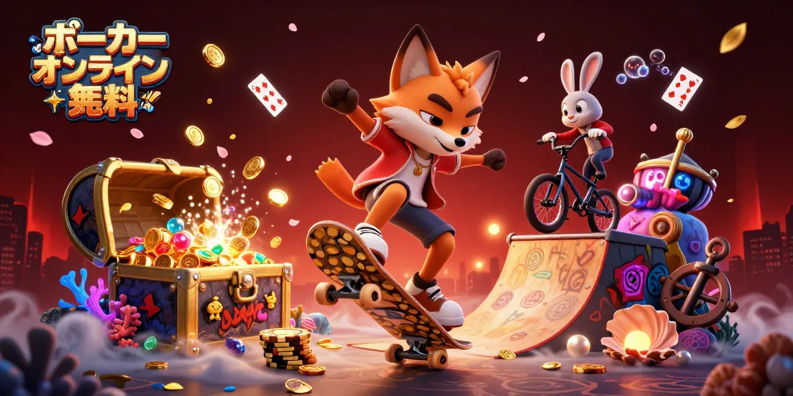ポーカー オンライン 無料をテーマにしたカートゥーンスタイルの3Dイラストで、スケートボードをするキツネとBMXライダーのウサギが登場します