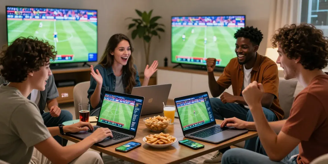 Excited friends using sbobet wap to bet live on 2026 World Cup matches in a cozy setting.