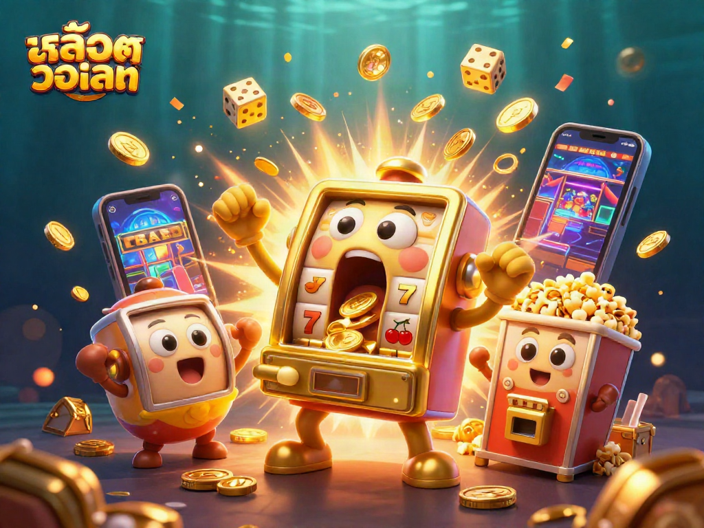 Spin the สล็อตวอเลท slot machine as coins rain down in a vibrant casino scene.