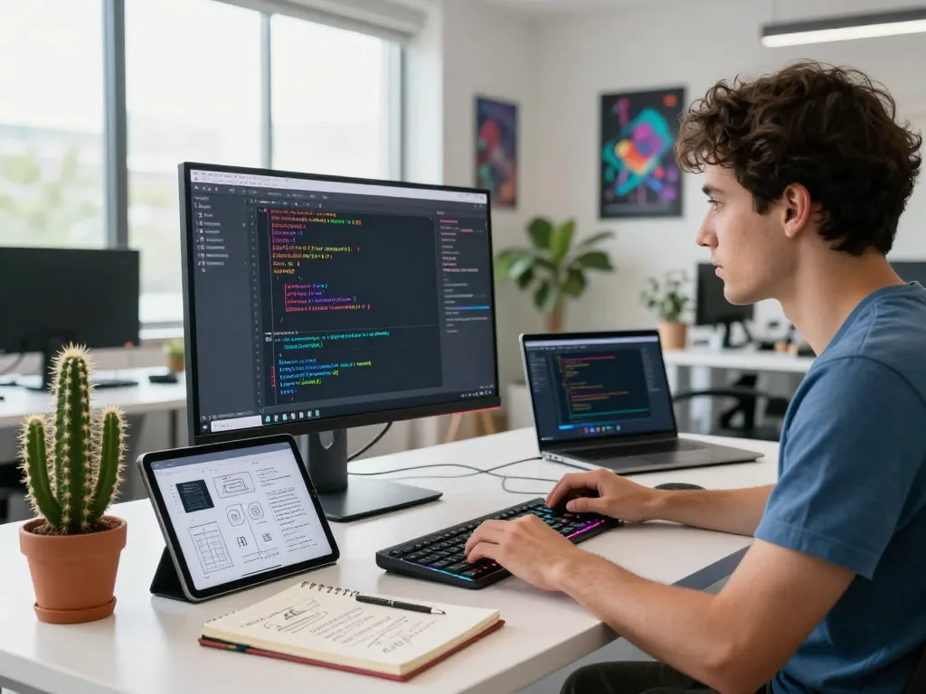 Image to prompt ai workspace showing a software developer generating AI prompts in a modern office.