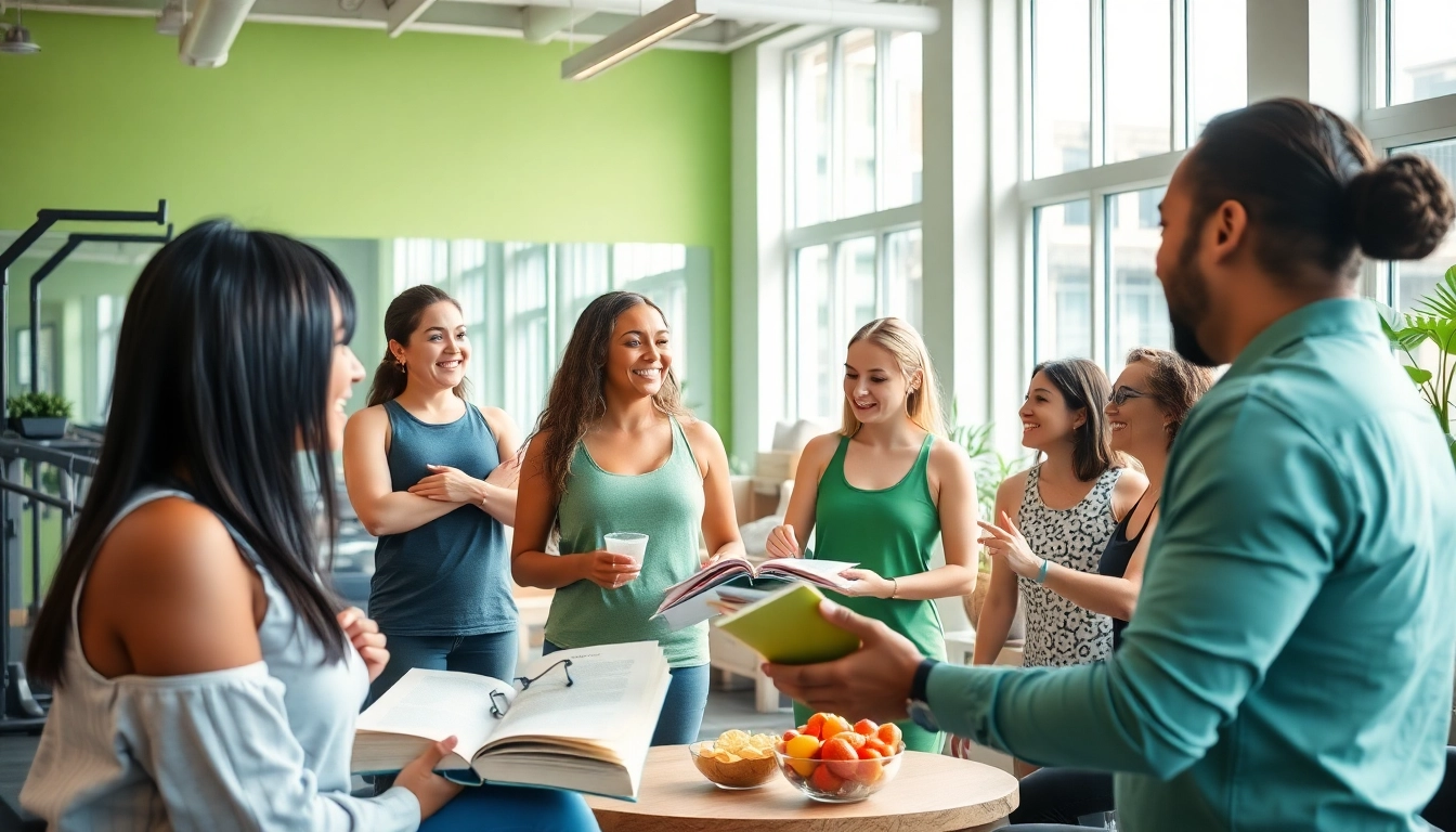 Engaged clients discussing health with a professional in a vibrant wellness setting.