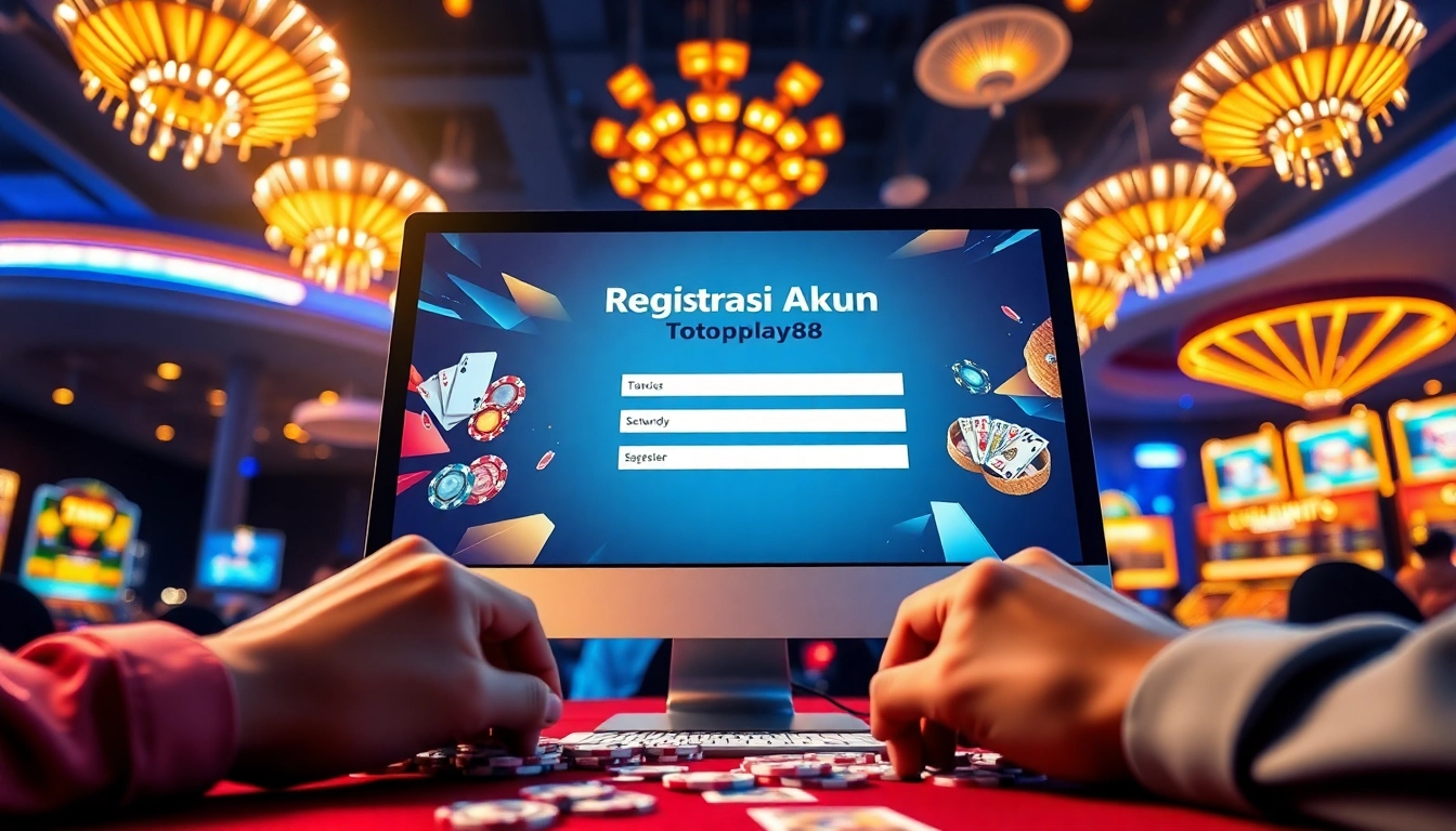 Engaging scene of registrasi akun totoplay88 at a casino with vibrant gaming visuals.