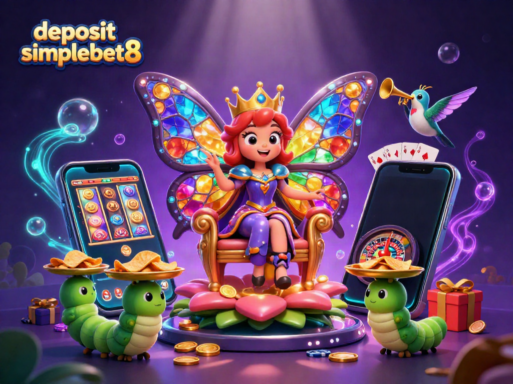 Experience the excitement of deposit simplebet8 with vibrant slot games, celebrating wins in a magical scene.