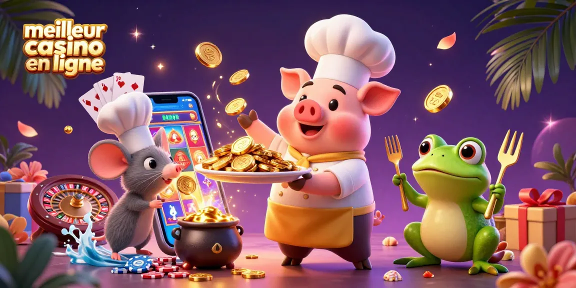 Découvrez le meilleur casino en ligne avec une chaleureuse scène de chef et de personnages ludiques autour d'un jeu de dés.