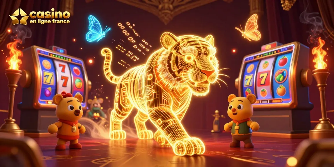 Vivez l'excitation du casino en ligne France avec une illustration du tigre doré et des machines à sous.
